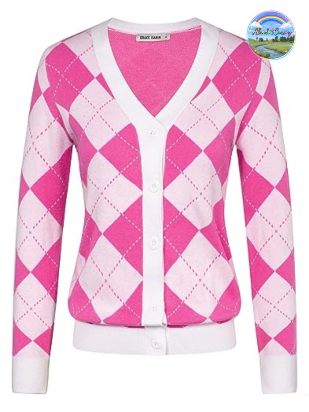 V-Neck Button Down Argyle Cardigan Sweater Long Sleeve Preppy Knit